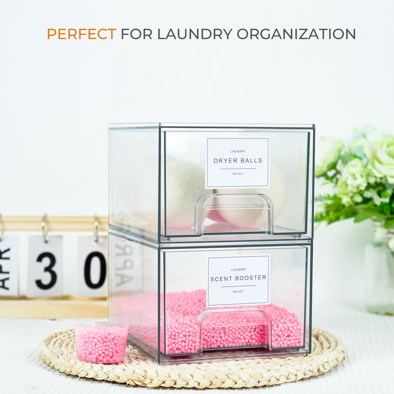Rolheit stackable dryer sheet holders maximize vertical storage and accessibility