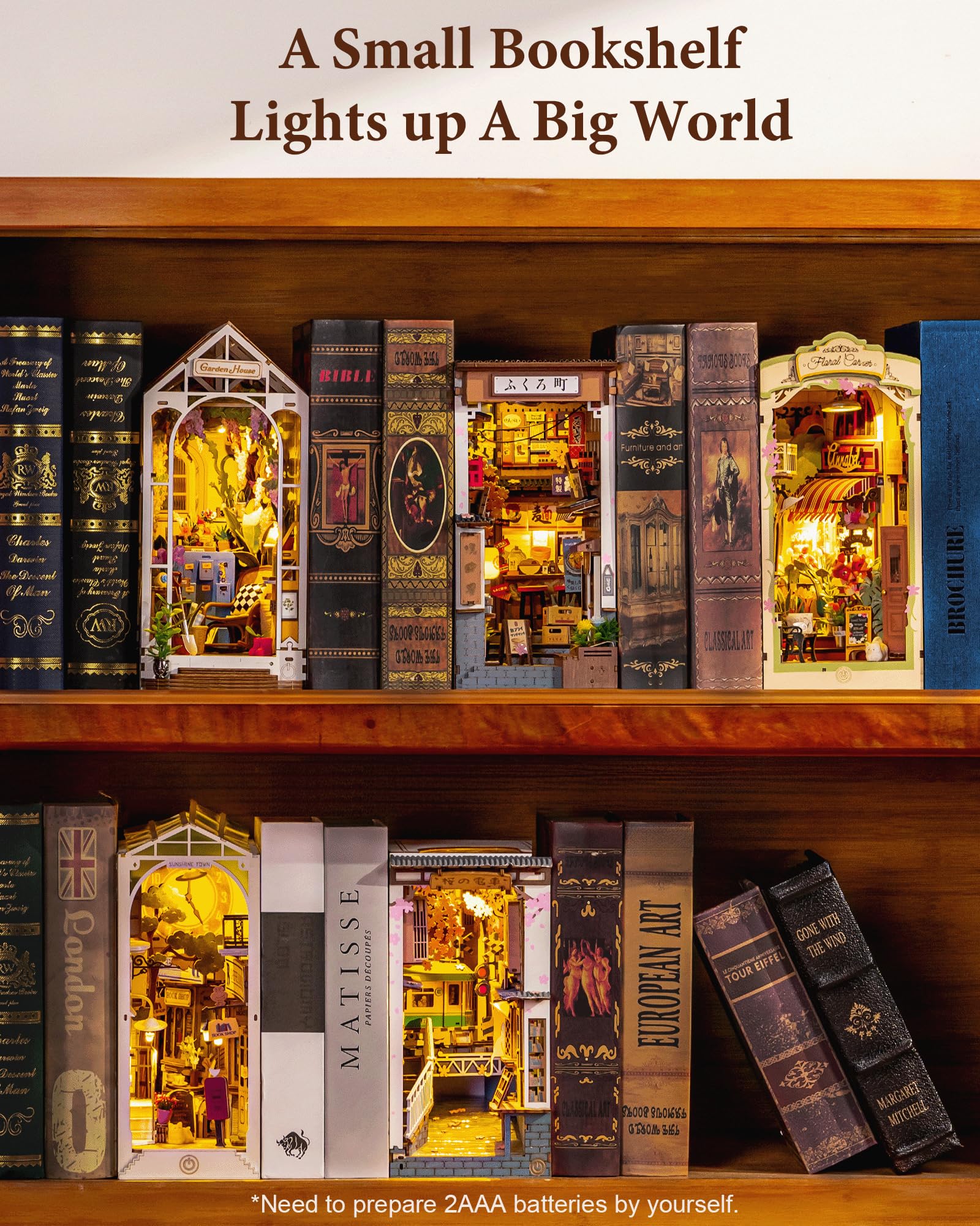 Rolife Book Nook Kit Sakura Wine Alley desk scene with miniaturized streets