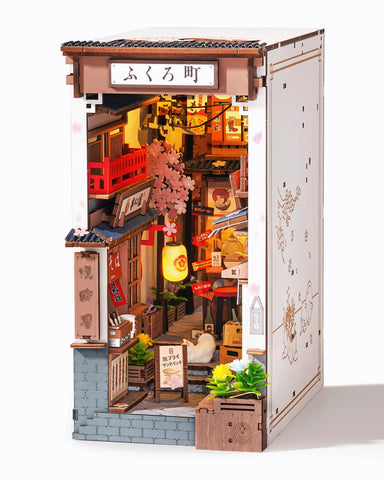 Rolife Book Nook Kit Sakura Wine Alley packaging and contents for DIY inspiration