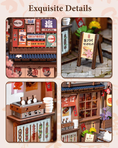 Rolife Book Nook Kit Sakura Wine Alley shelf setup in a cozy corner