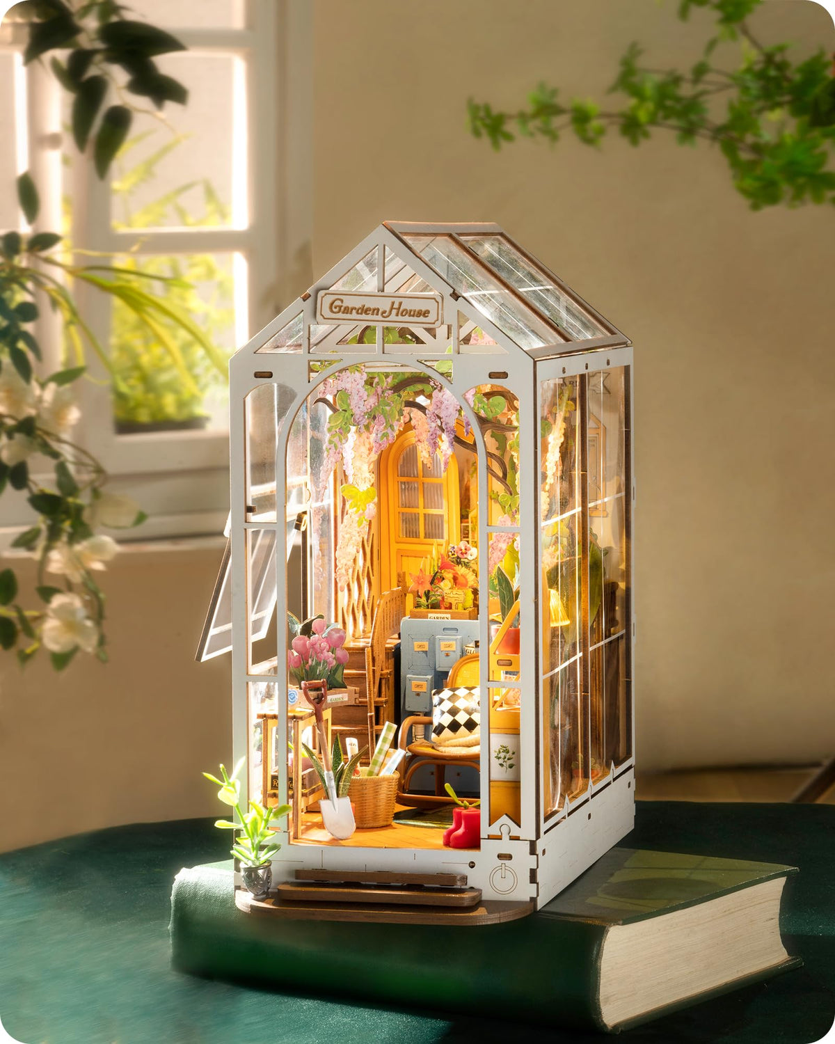Rolife Garden House booknook on a shelf adds charming micro-scene