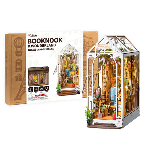 Rolife garden house booknook on a shelf adds cozy decorative storytelling.