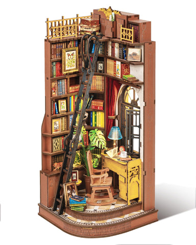 Rolife Silent Corner Study book nook on a shelf showcasing British charm