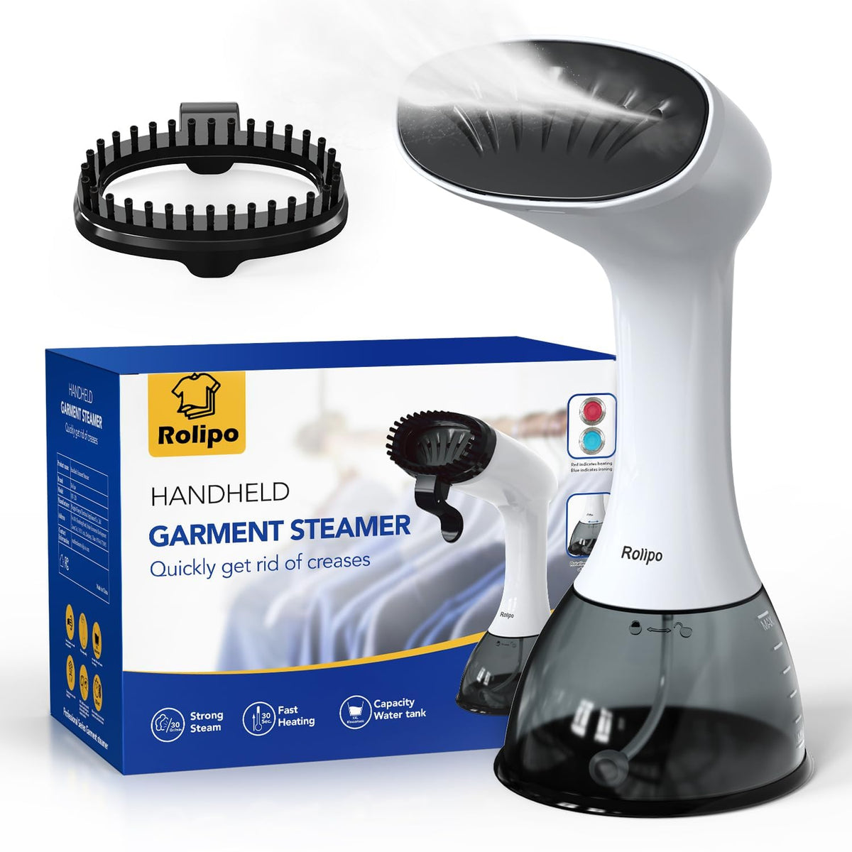 Rolipo 1350W steamer removes wrinkles quickly from fabrics.