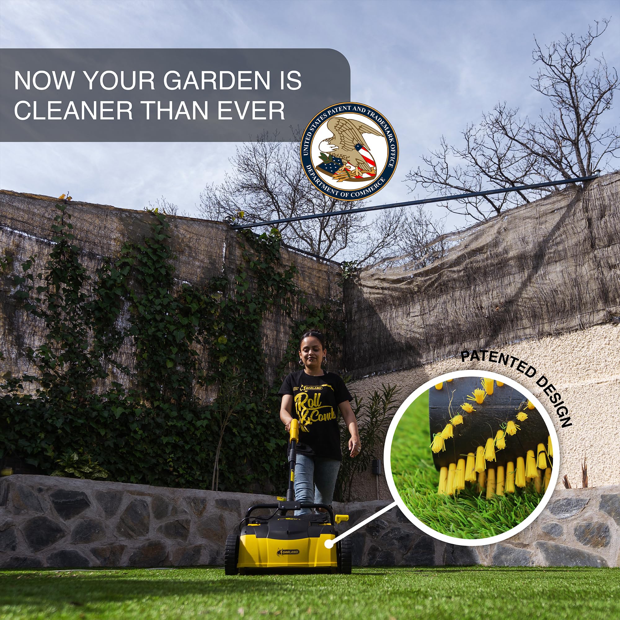 Roll & Comb in-use demonstrates thorough grooming across a tidy artificial lawn
