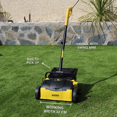 Roll & Comb artificial turf sweeper side view emphasizes ergonomic handle for comfortable sessions