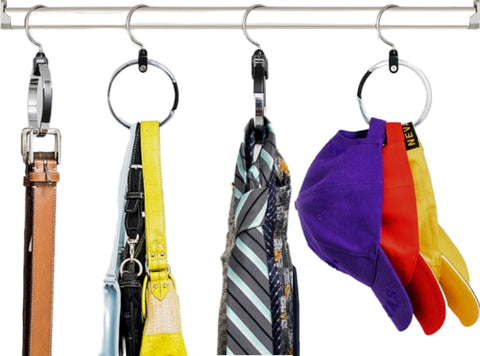 Rolly Hanger belt and tie organizer on a closet rod for easy sorting.