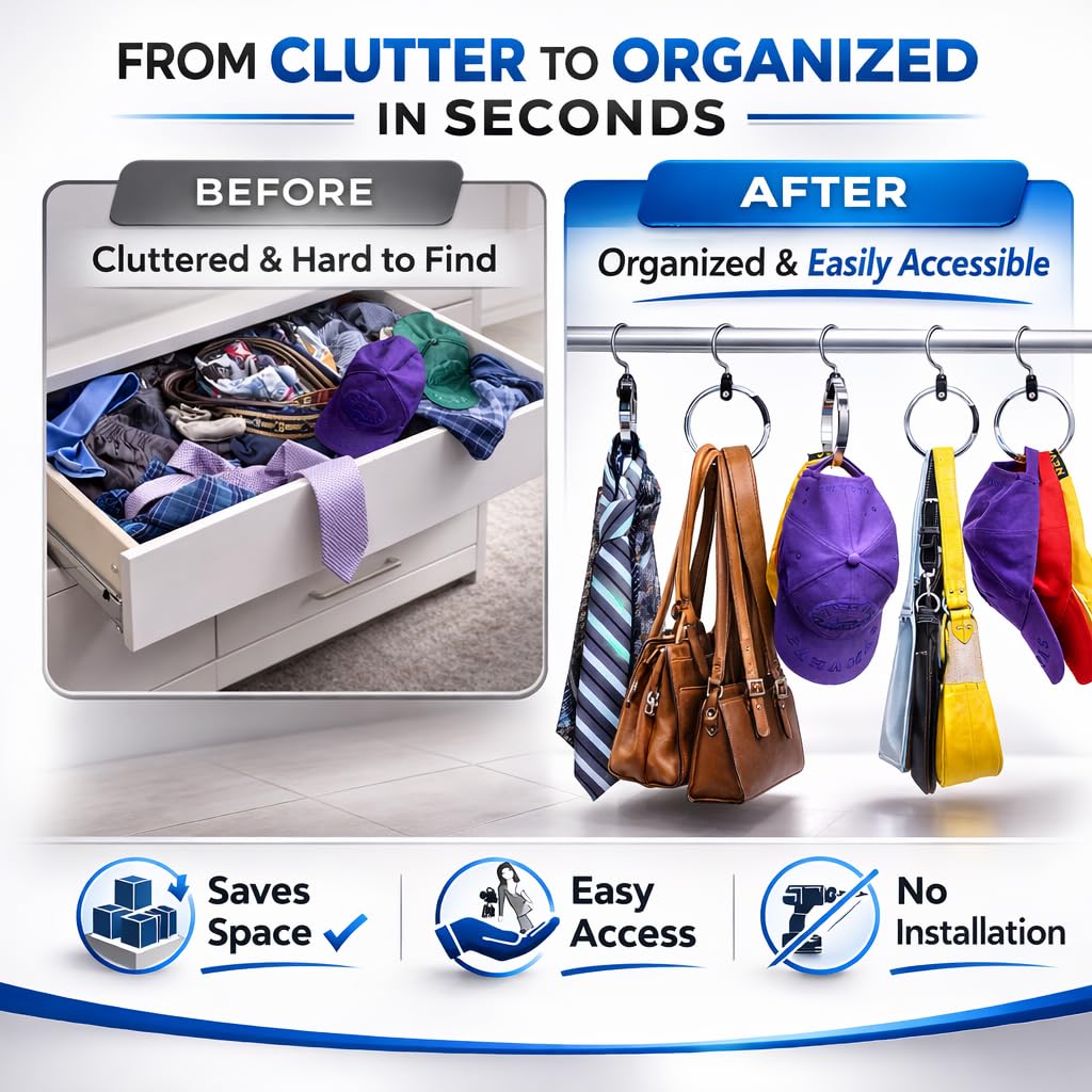 Rolly Hanger belt and tie organizer keeps accessories neatly visible.