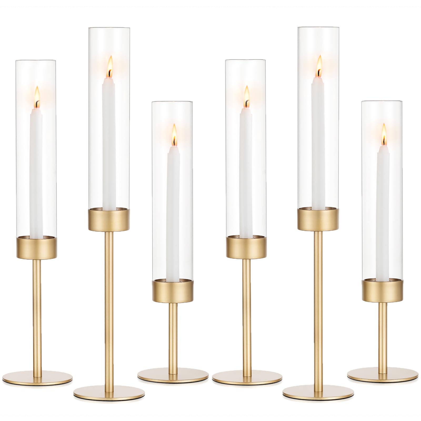 Romadedi glass hurricane candlestick holder in gold, tall and clear for elegant centerpieces.
