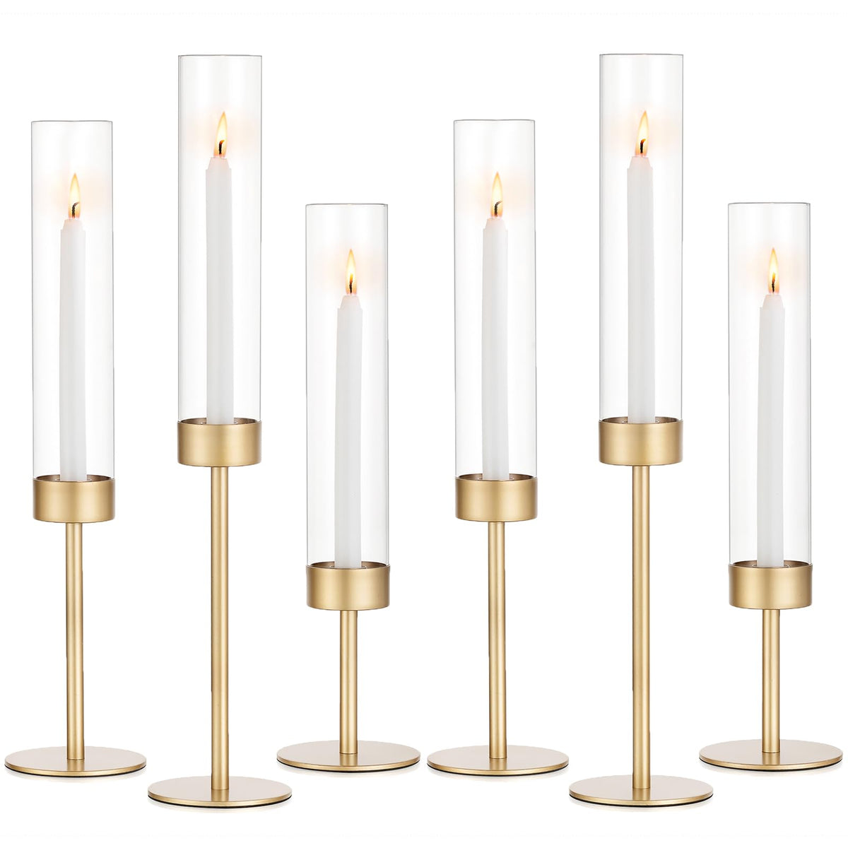 Romadedi glass hurricane candlestick holder in gold, tall and clear for elegant centerpieces.