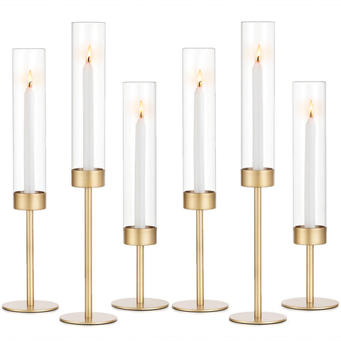 Romadedi glass hurricane candlestick holder in gold, tall and clear for elegant centerpieces.
