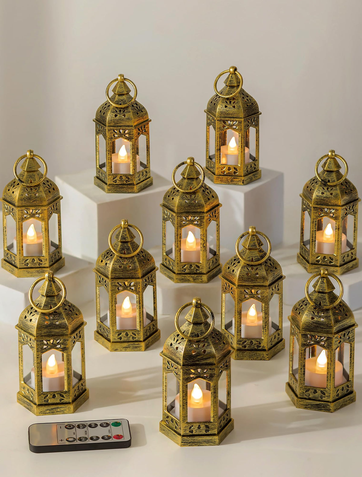 Romadedi gold mini lantern centerpiece with warm glow for weddings and parties.