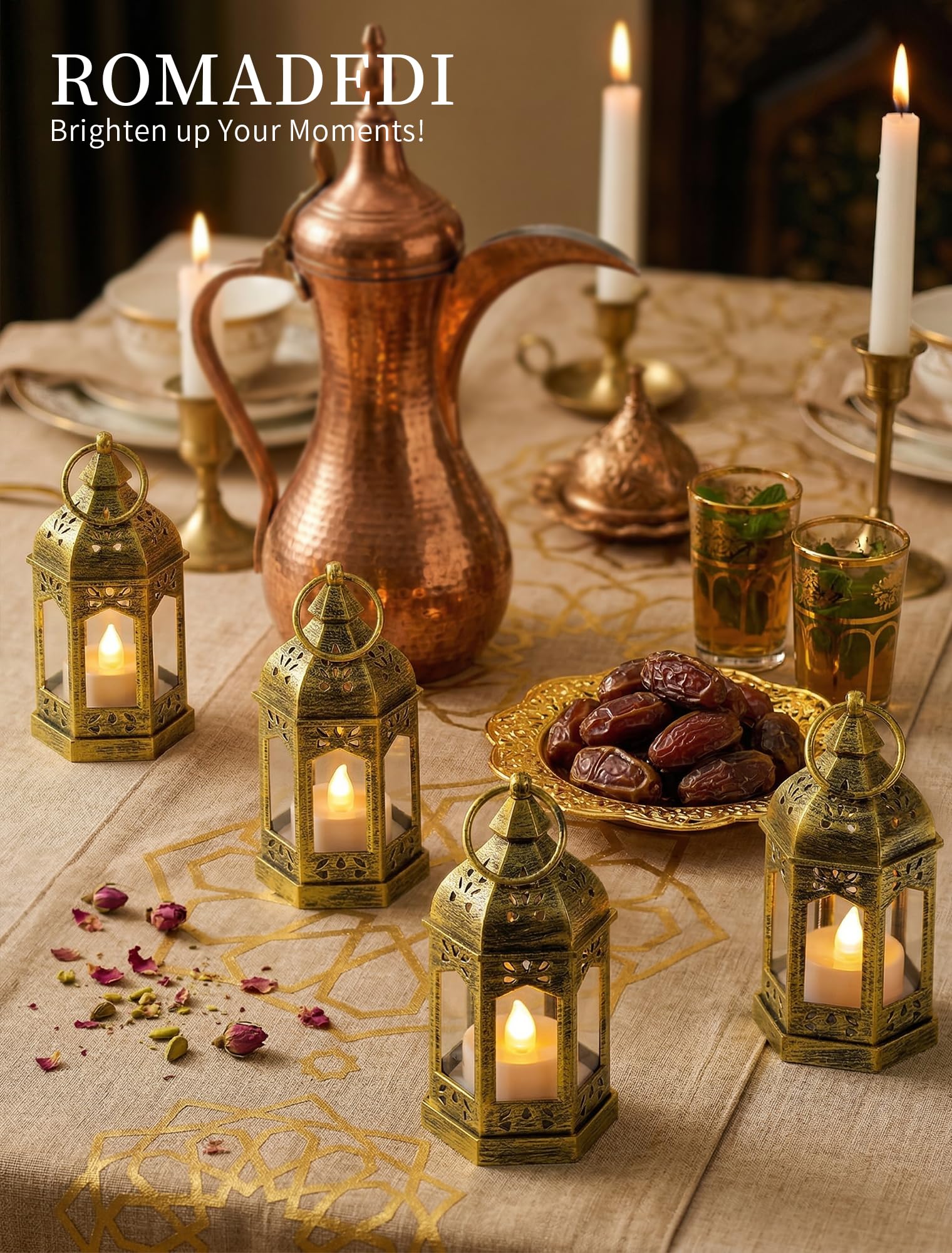 Romadedi gold mini lanterns on mantel create cozy ambiance without open flames.