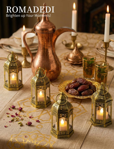 Romadedi gold mini lanterns on mantel create cozy ambiance without open flames.