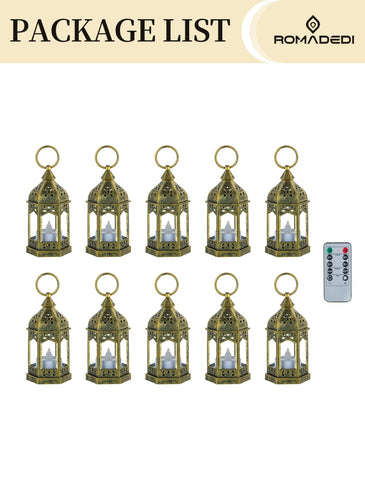 Romadedi gold lanterns lit with flameless candles deliver gentle warm flicker.