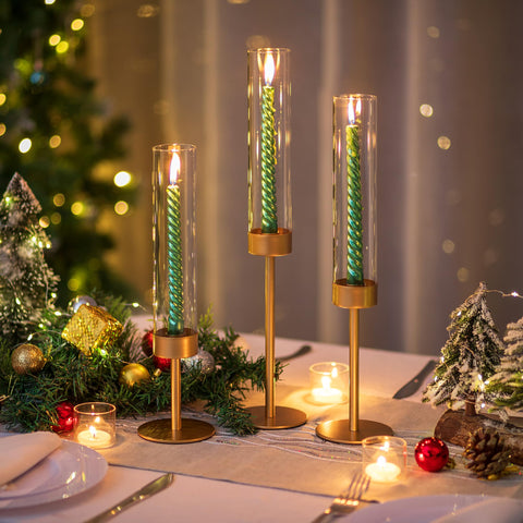 Romadedi three-height candle holders with hurricane glass, great for varied table elevations.