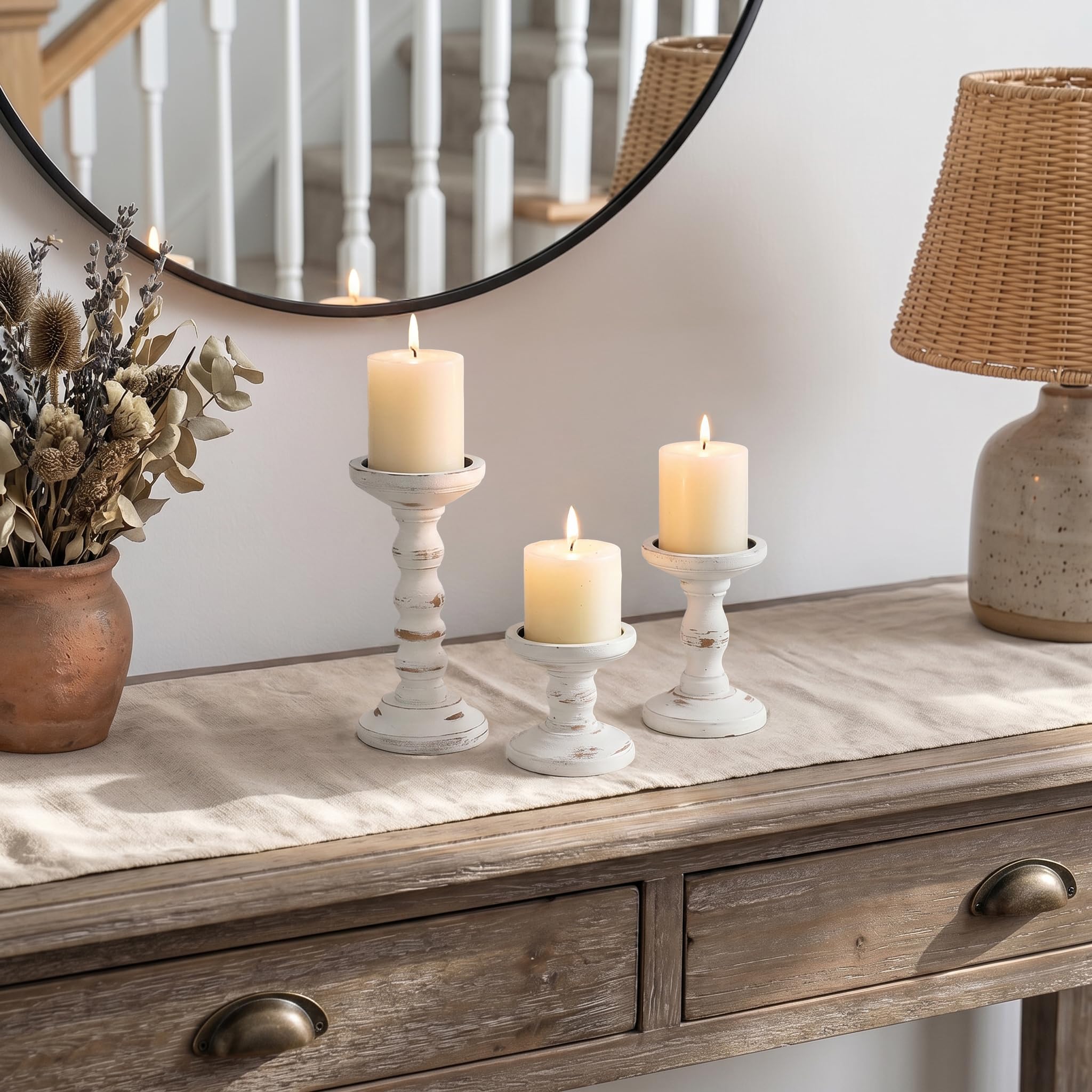 Romadedi trio wood candle holders arranged on mantel adds rustic charm