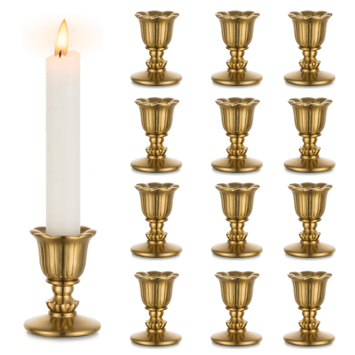 Romadedi vintage brass candlestick close-up with brushed gold finish for elegant table decor.