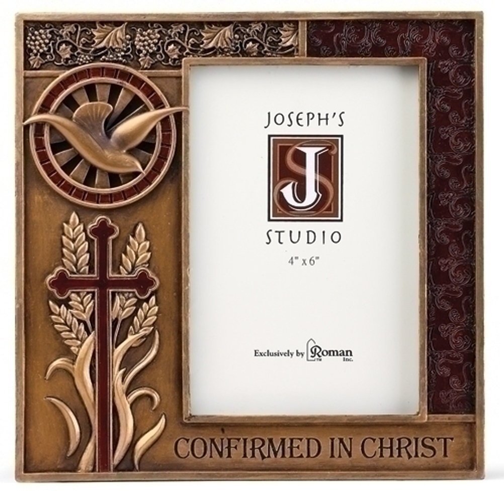 Roman 7.5 resin bronze finish confirmation frame holds a 4x6 photo, adding timeless display.