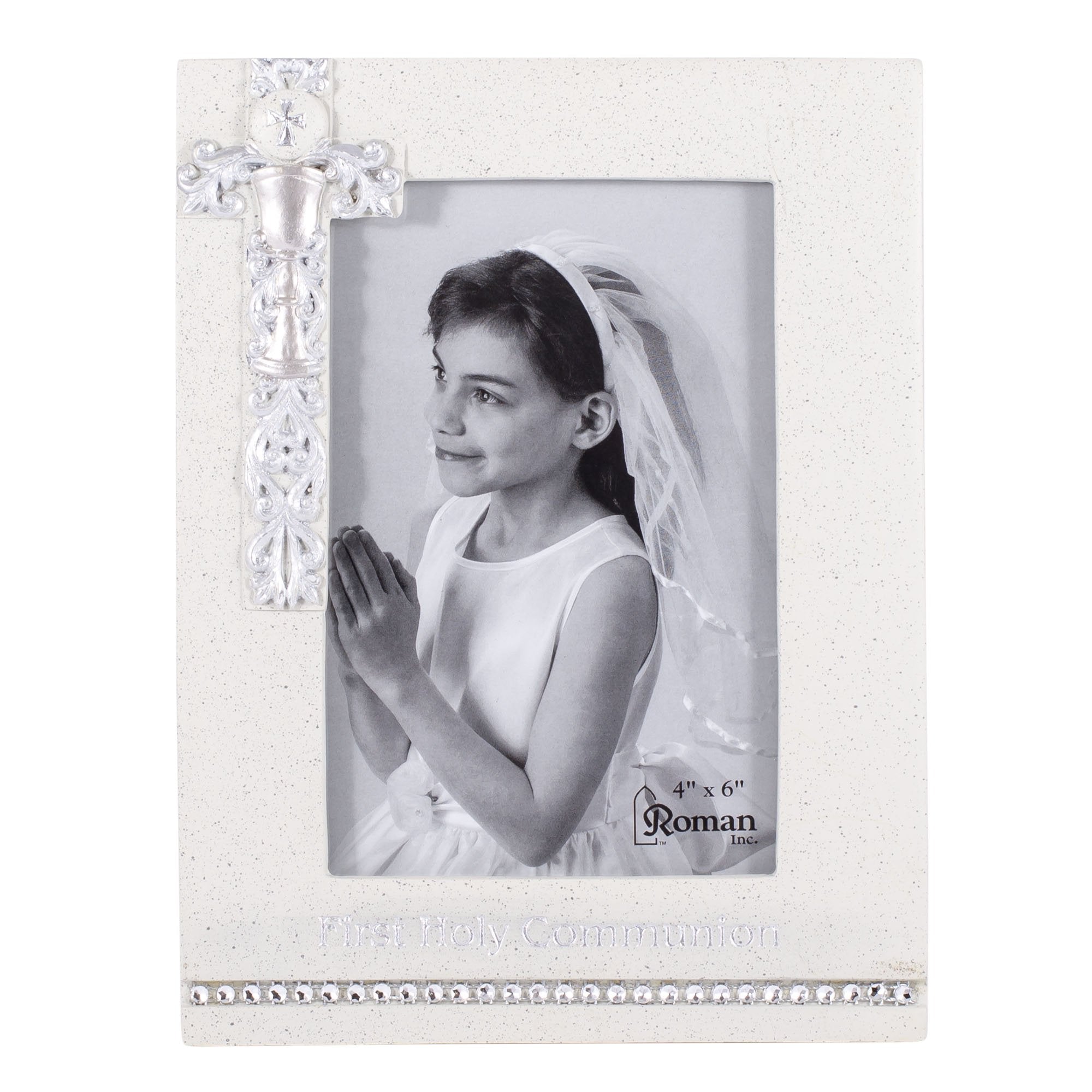 Roman Communion Frame Silver 8-inch elegantly displays a 4x6 photo in a sacred space.
