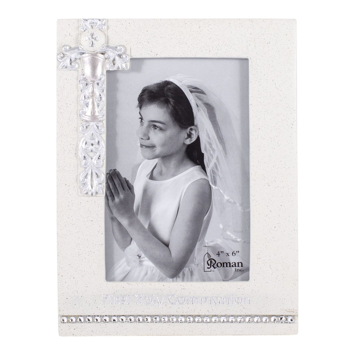 Roman Communion Frame Silver 8-inch elegantly displays a 4x6 photo in a sacred space.