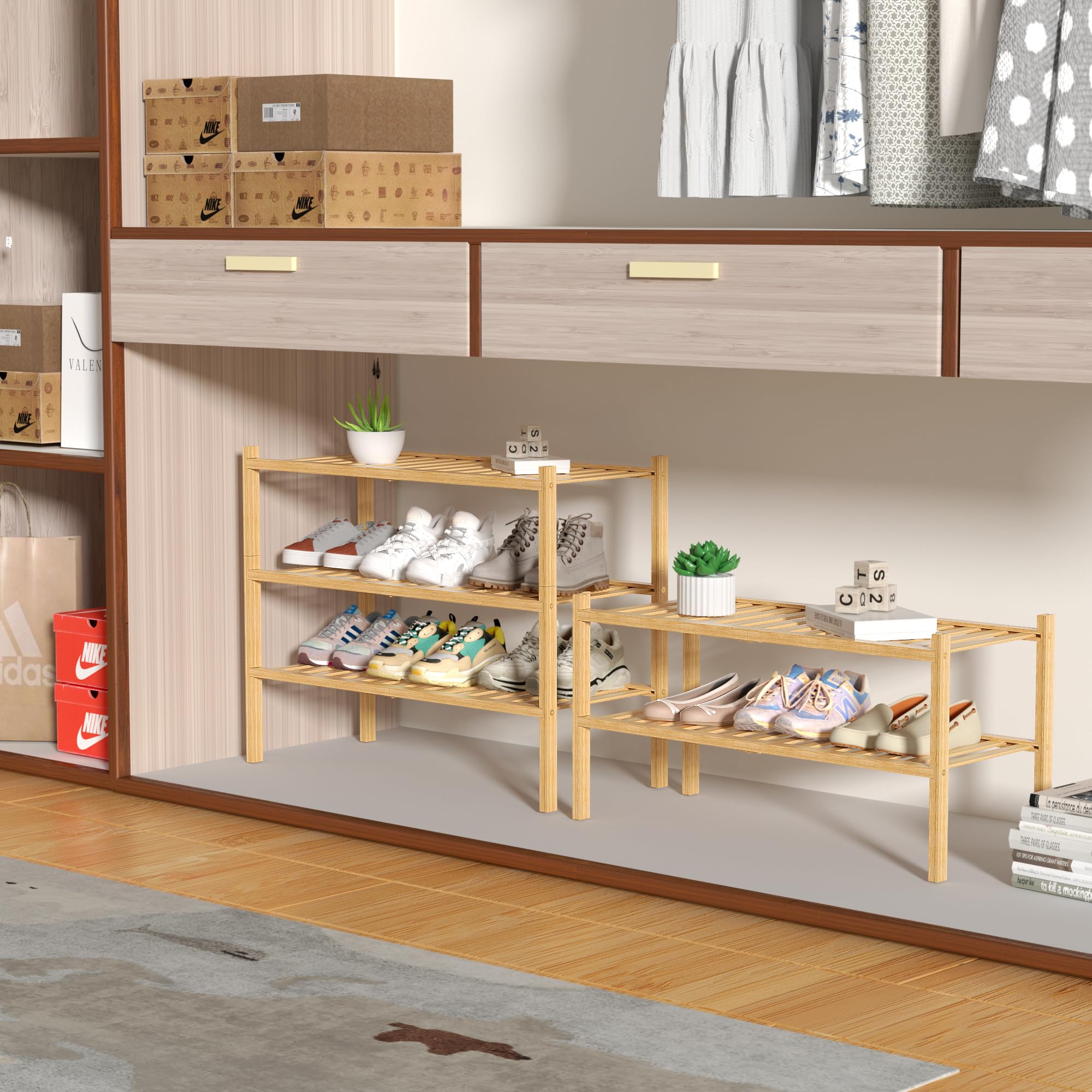 ROMGUAR CRAFT 3-Tier Bamboo Shoe Rack assembled quickly with hardware for easy setup.