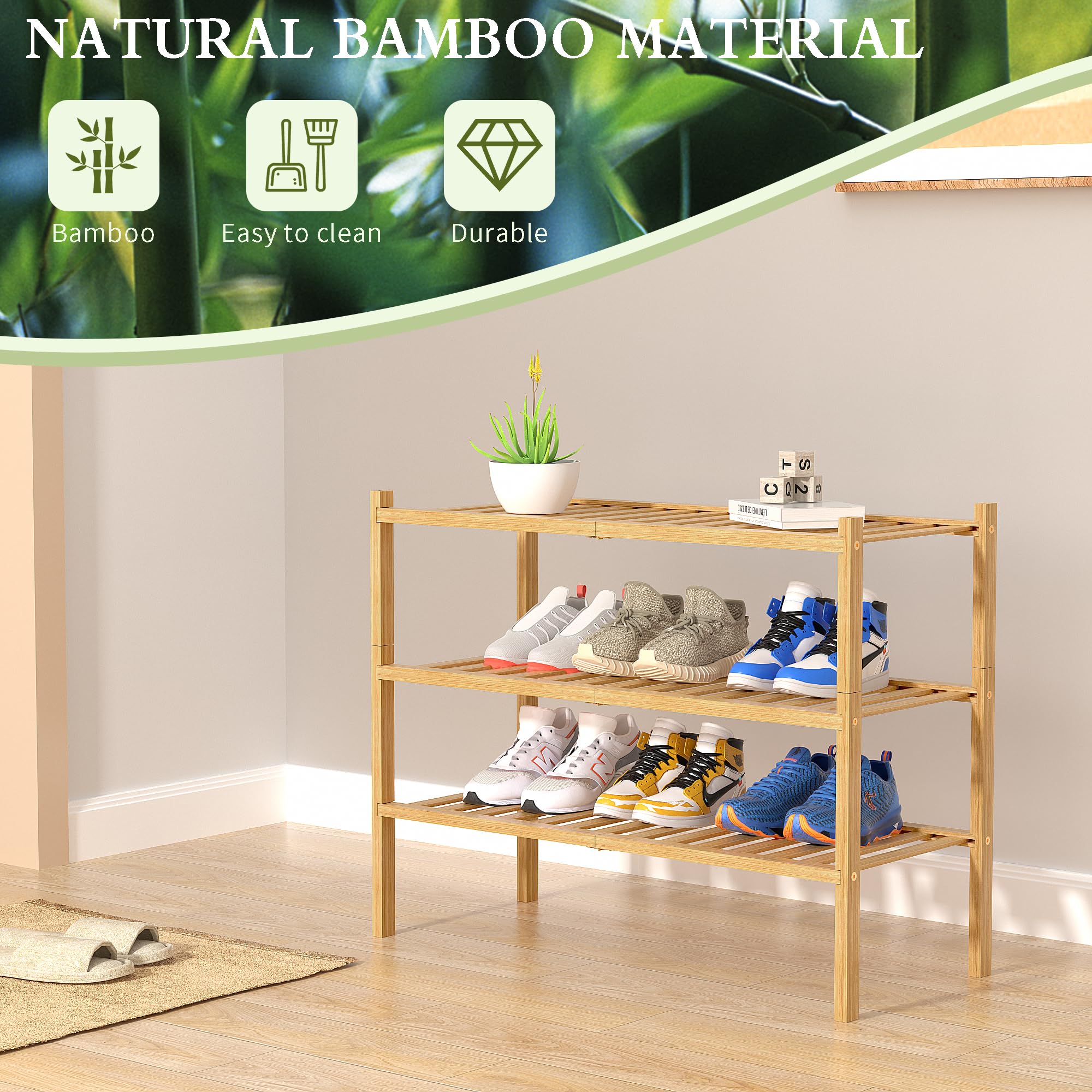 ROMGUAR CRAFT 3-Tier Bamboo Shoe Rack bamboo texture adds natural warmth to any room.