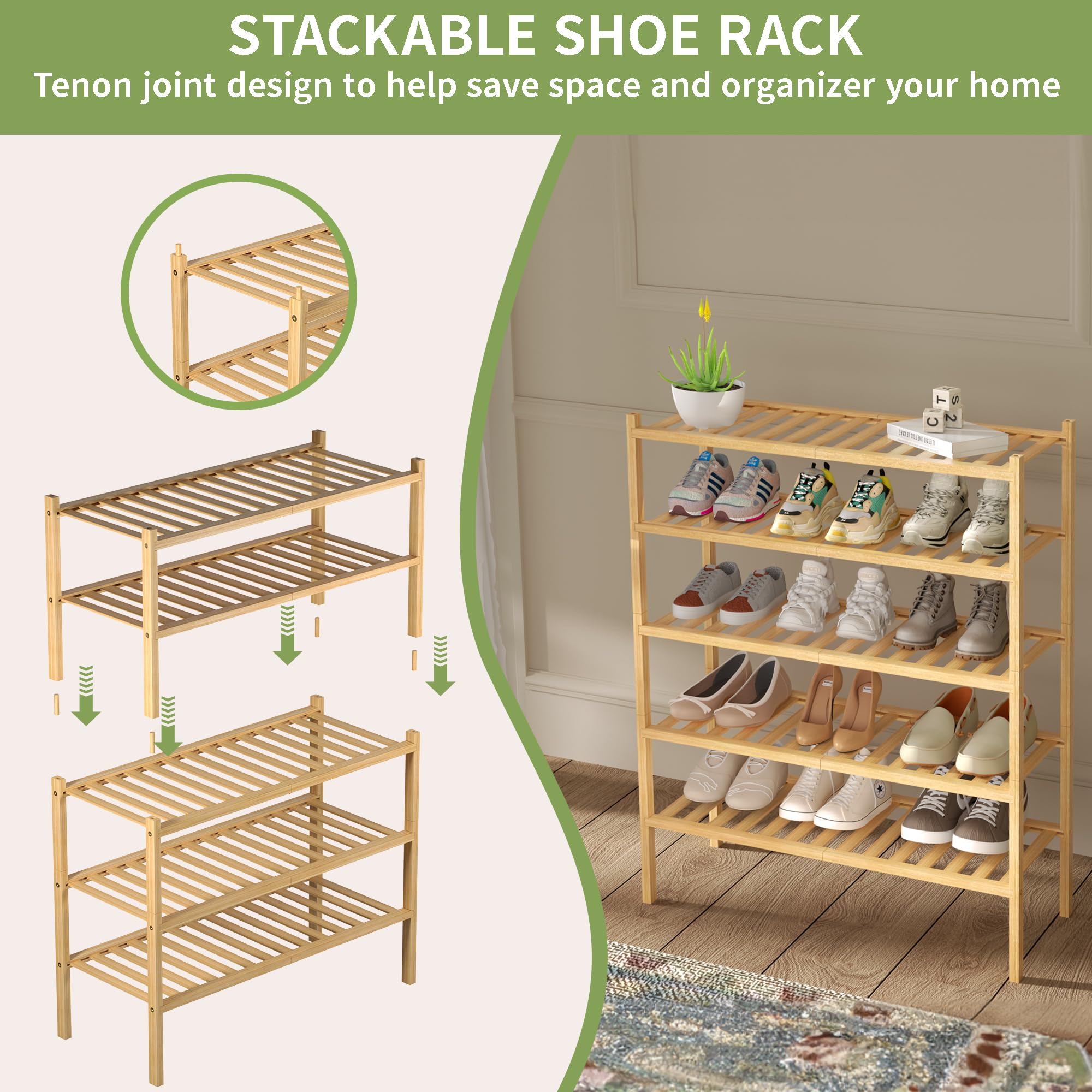 ROMGUAR CRAFT 3-Tier Bamboo Shoe Rack closet organization keeps footwear neat and accessible.
