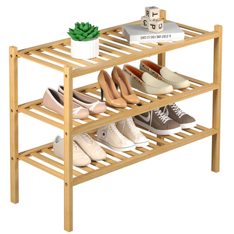 ROMGUAR CRAFT 3-Tier Bamboo Shoe Rack entryway setup provides compact shoe storage and tidy floors.