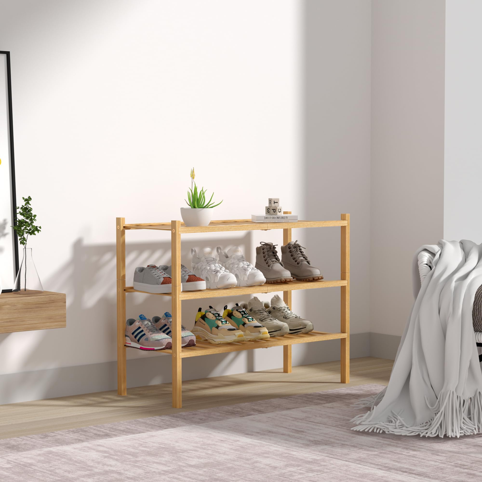 ROMGUAR CRAFT 3-Tier Bamboo Shoe Rack free-standing design fits any entryway.