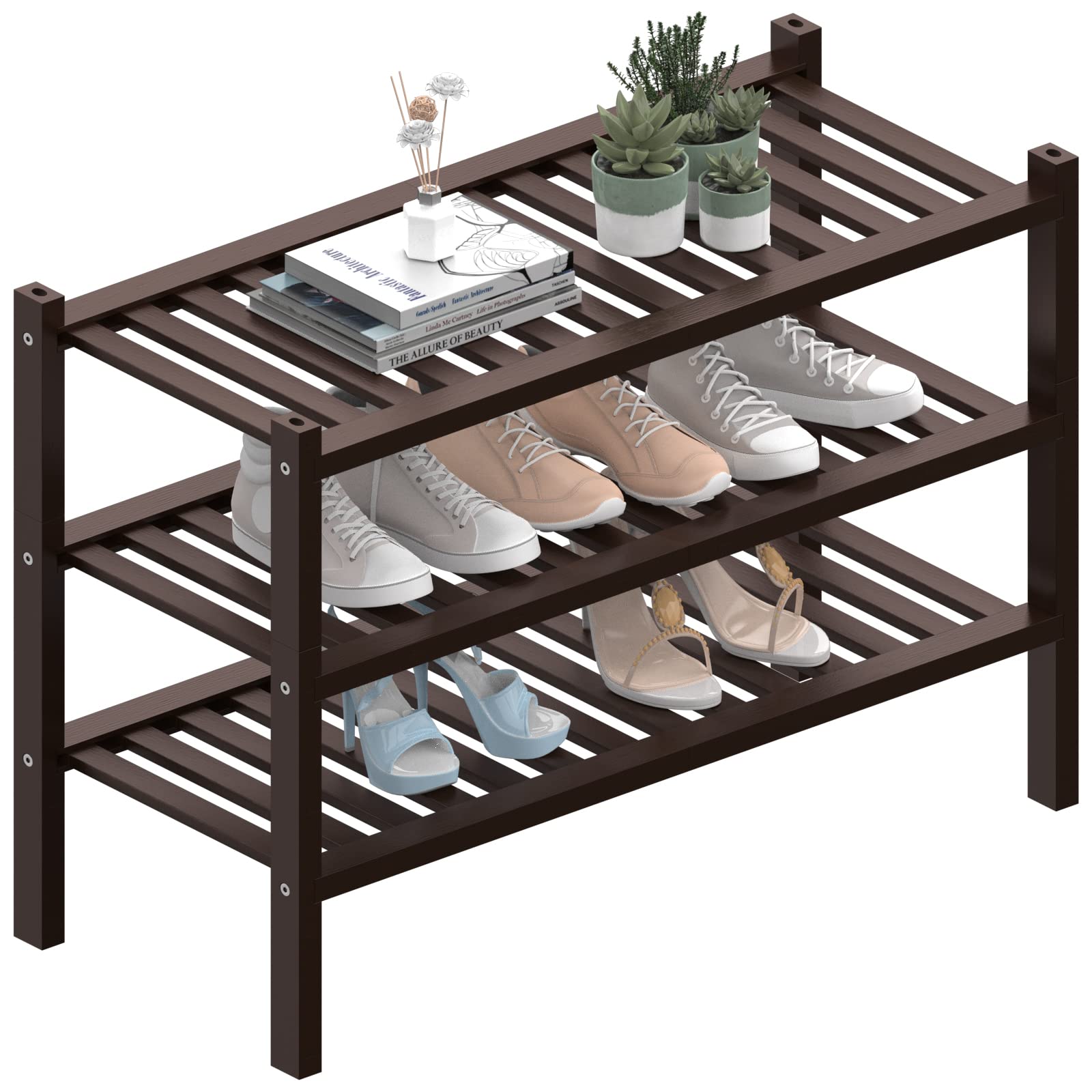 ROMGUAR CRAFT 3-Tier Bamboo Shoe Rack front view shows compact, space-saving design.