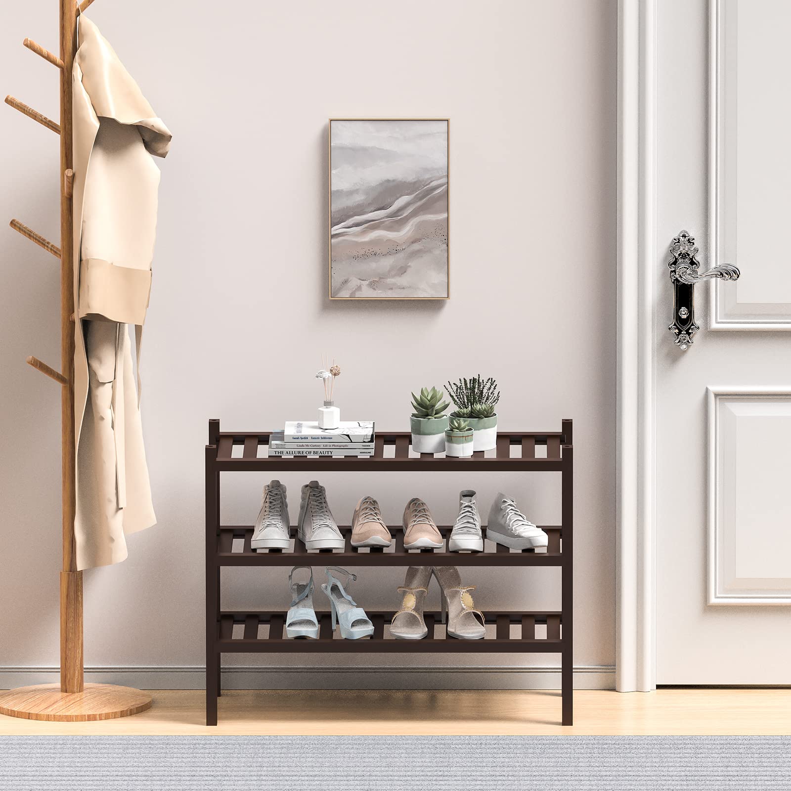 ROMGUAR CRAFT bamboo rack demonstrates stackable modular units for customizable height.