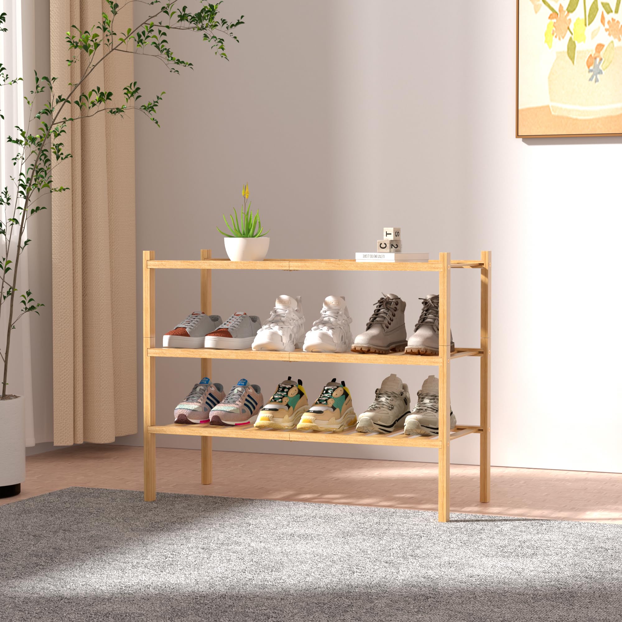 ROMGUAR CRAFT 3-Tier Bamboo Shoe Rack stackable design saves vertical space in small closets.