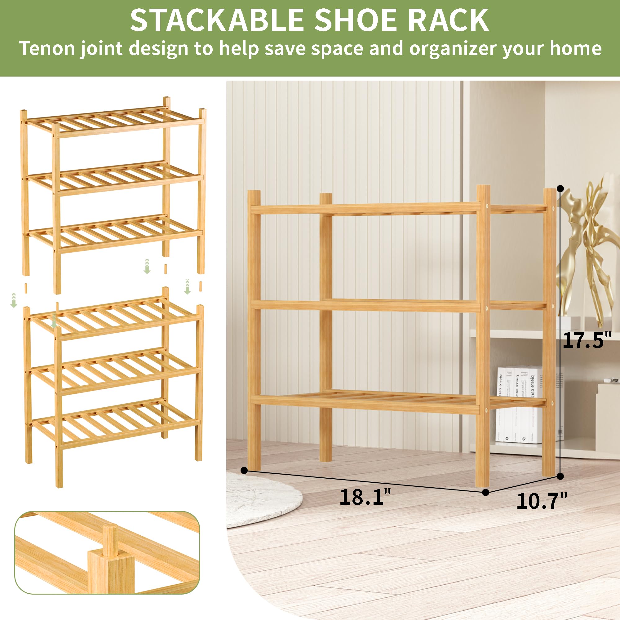 ROMGUAR CRAFT 3-tier bamboo shoe rack, easy assembly in minutes.