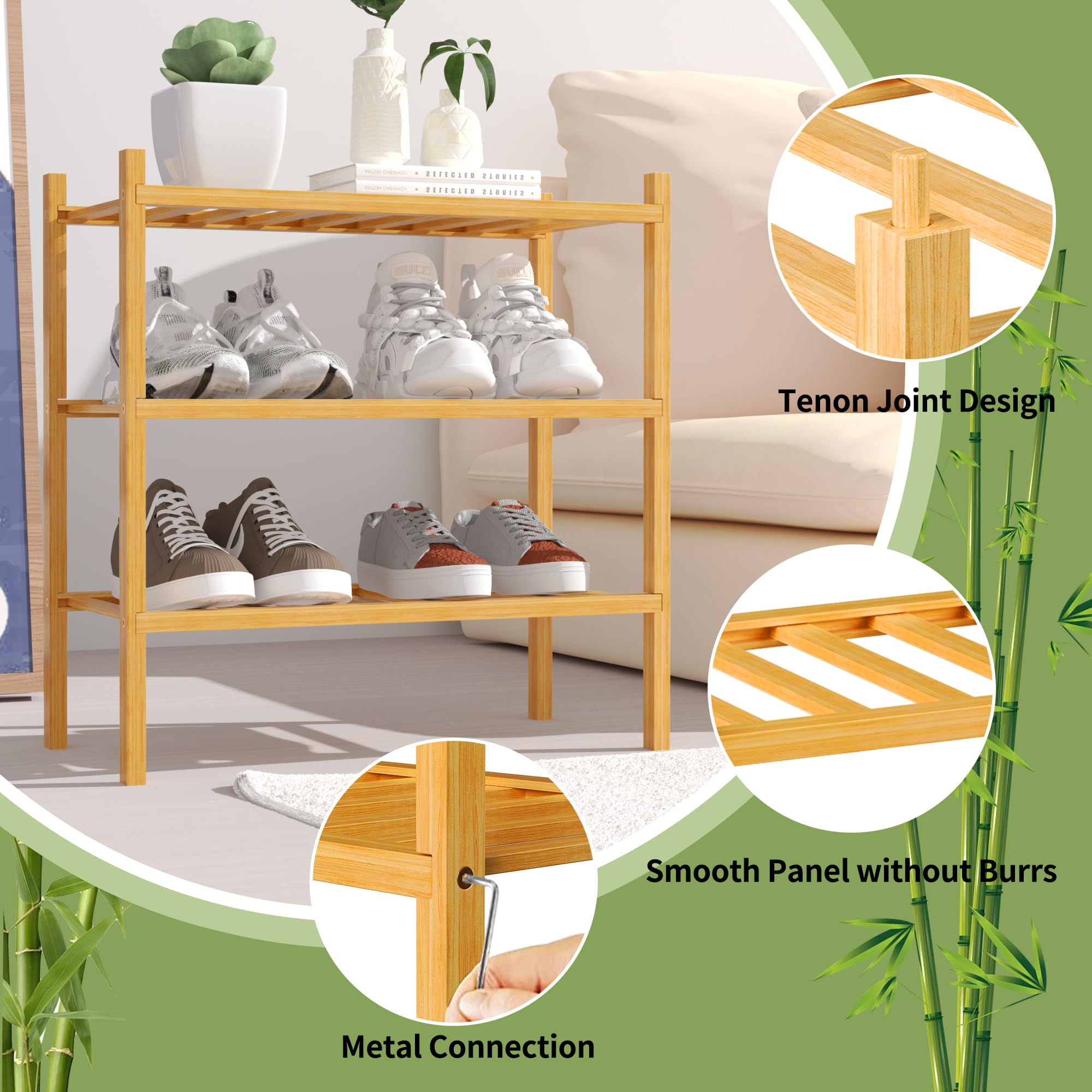 ROMGUAR CRAFT 3-tier bamboo shoe rack, multifunctional storage for shoes, towels, and decor.