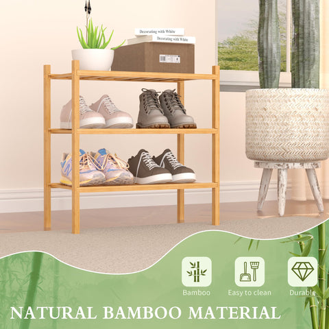 ROMGUAR CRAFT 3-tier bamboo shoe rack, natural finish, versatile for closets and entryways.