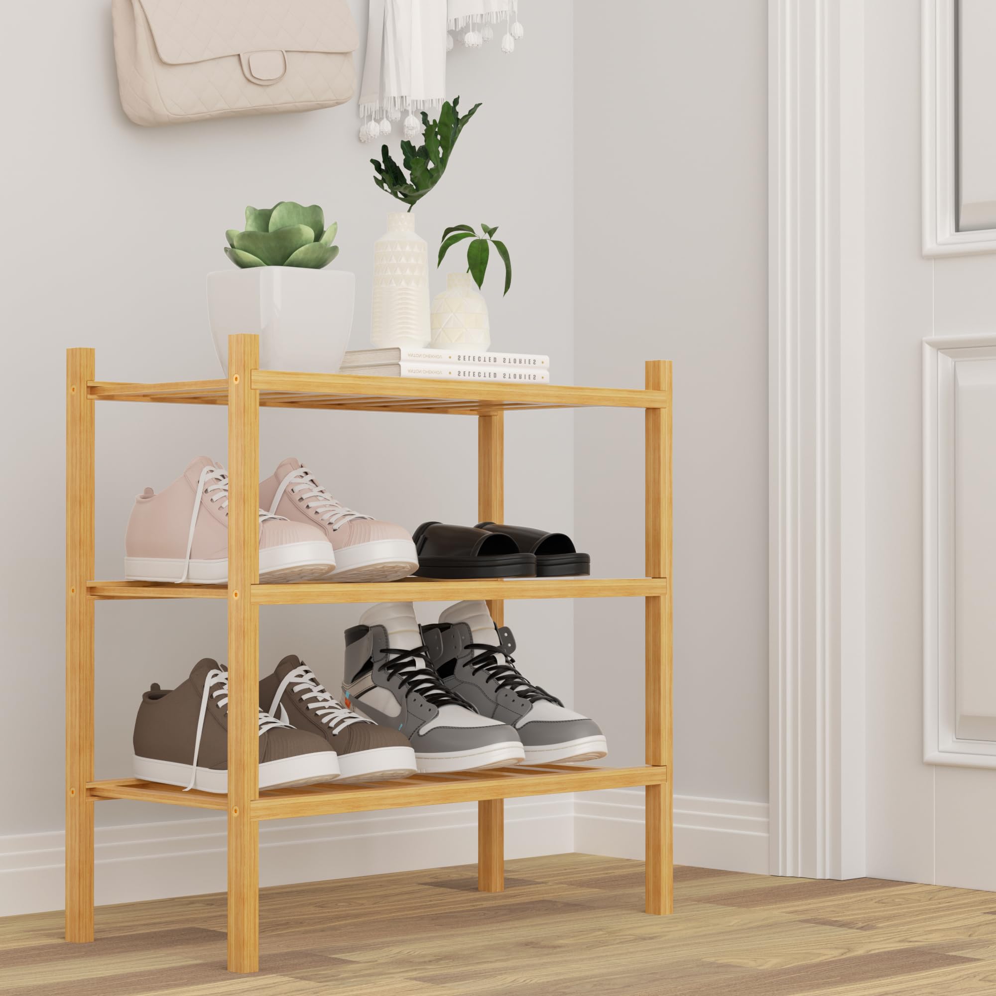 ROMGUAR CRAFT 3-tier bamboo shoe rack, stacked configuration, space-saving modular design.