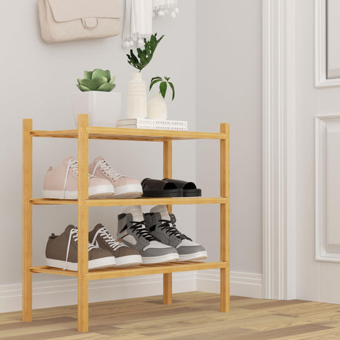 ROMGUAR CRAFT 3-tier bamboo shoe rack, stacked configuration, space-saving modular design.