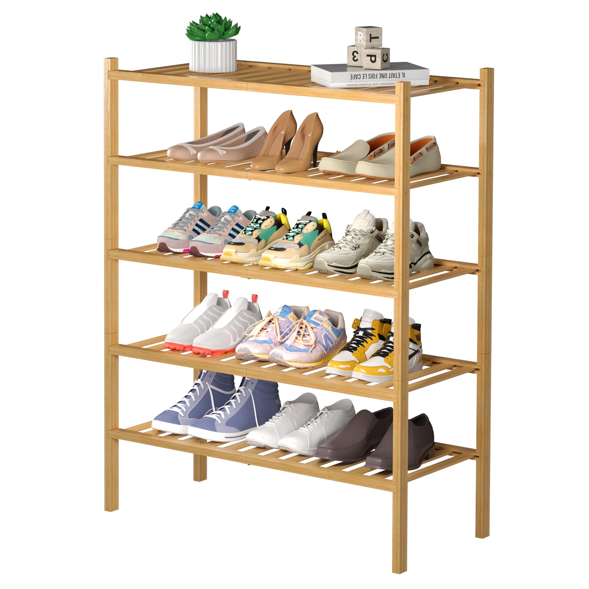 ROMGUAR CRAFT 5-tier bamboo shoe rack front view shows organized entryway