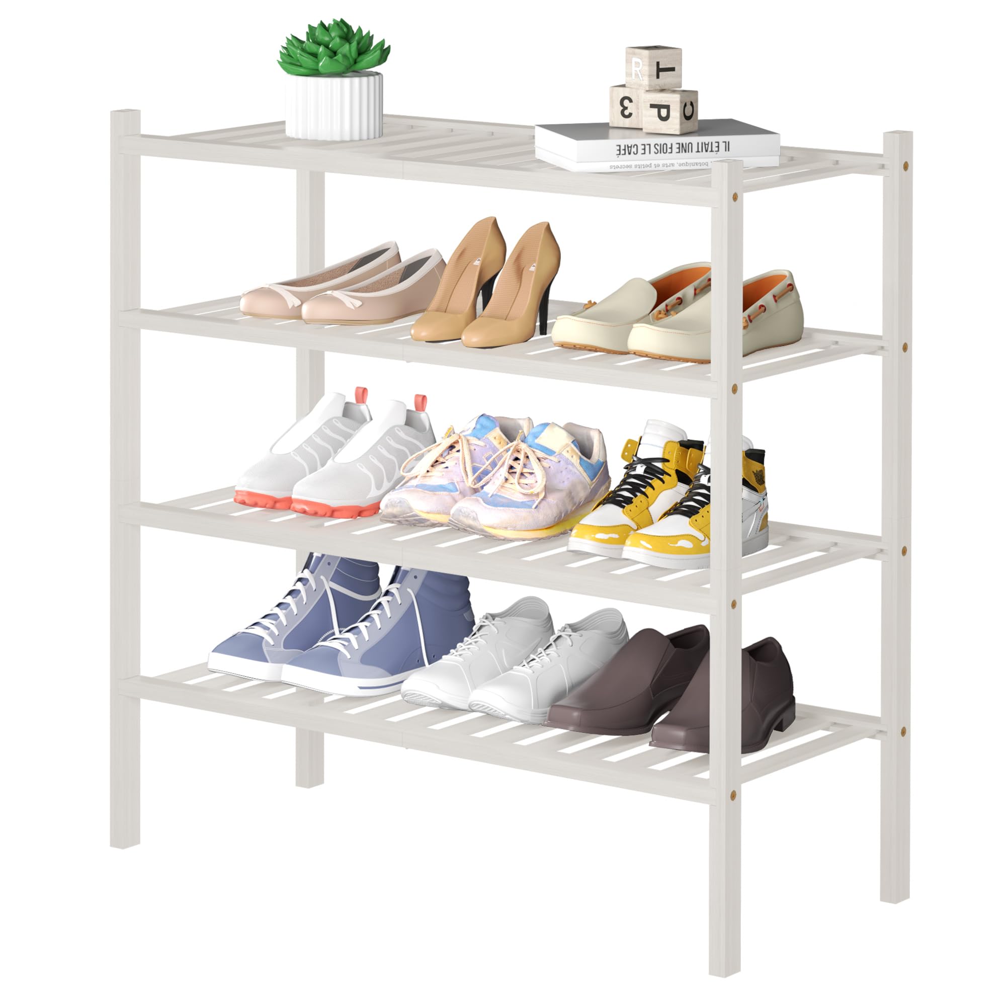 ROMGUAR CRAFT bamboo shoe rack in white, stacked to four tiers for organized entryways.