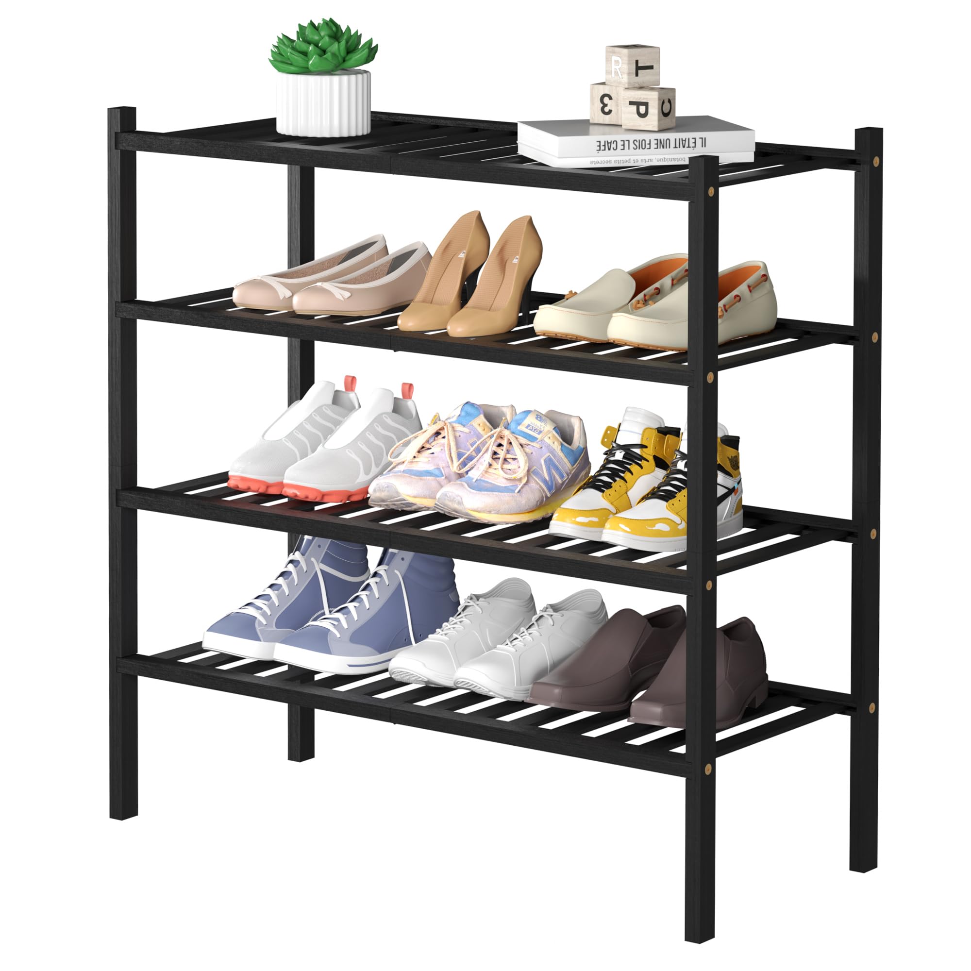 ROMGUAR CRAFT bamboo shoe rack in black neatly stores entryway footwear
