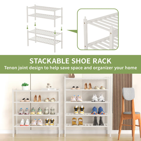 ROMGUAR CRAFT bamboo shoe rack in entryway with shoes neatly arranged.