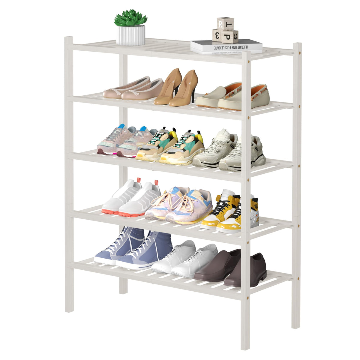 ROMGUAR CRAFT bamboo shoe rack front view demonstrates organized, easy-to-reach footwear.
