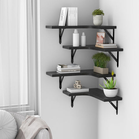 ROMGUAR CRAFT corner shelves black in bedroom decor and storage solutions.