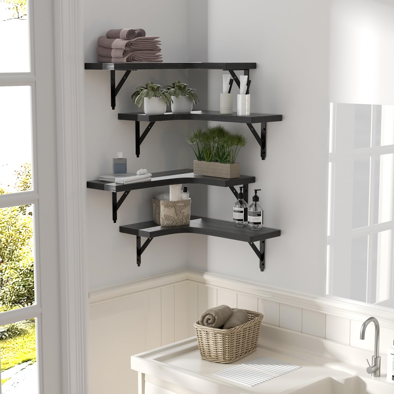 ROMGUAR CRAFT black corner shelves with paulownia wood and water-resistant coating.