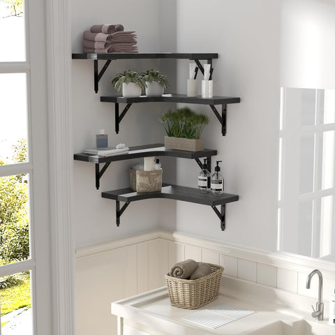 ROMGUAR CRAFT black corner shelves with paulownia wood and water-resistant coating.