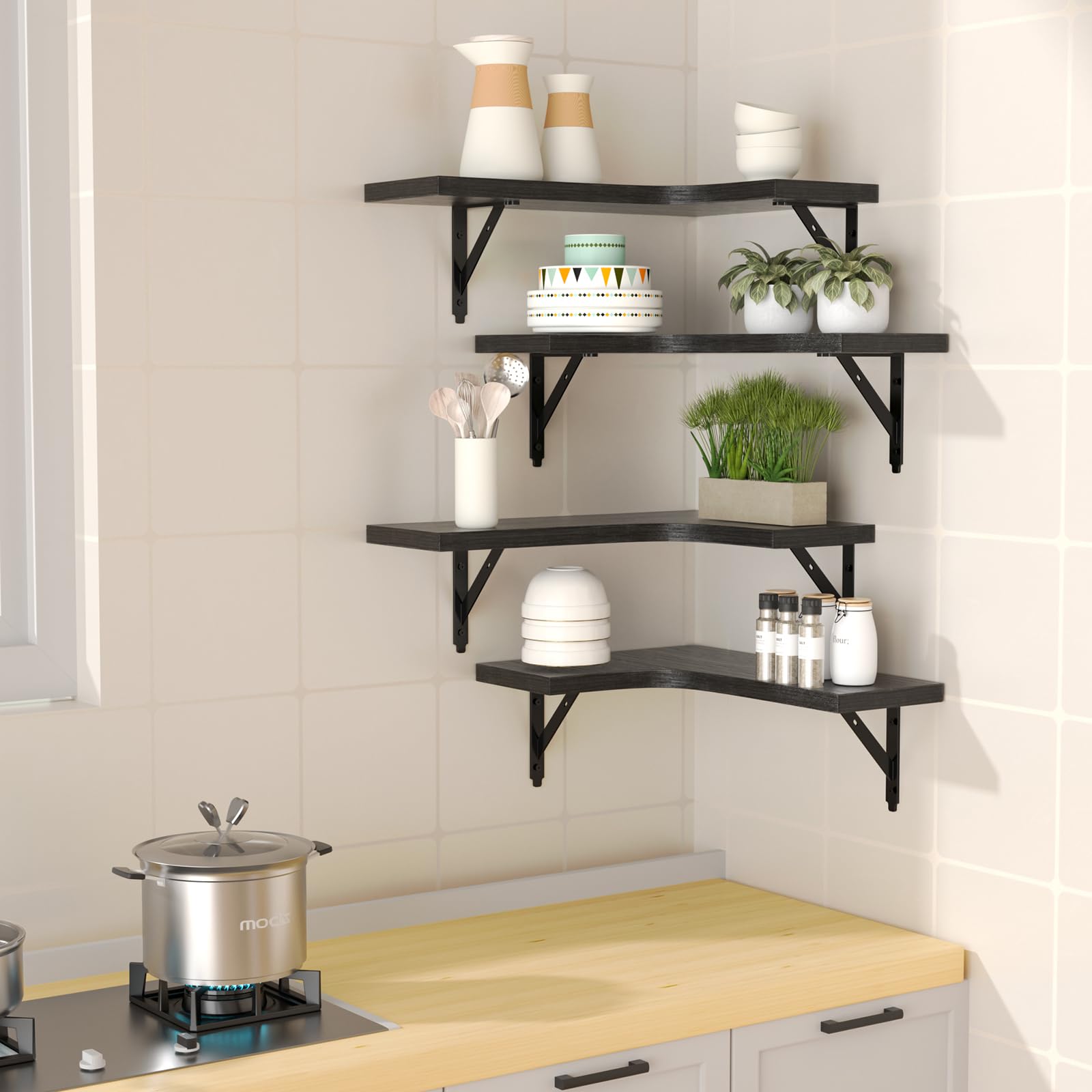 ROMGUAR CRAFT corner shelves black in living room display and organize items.