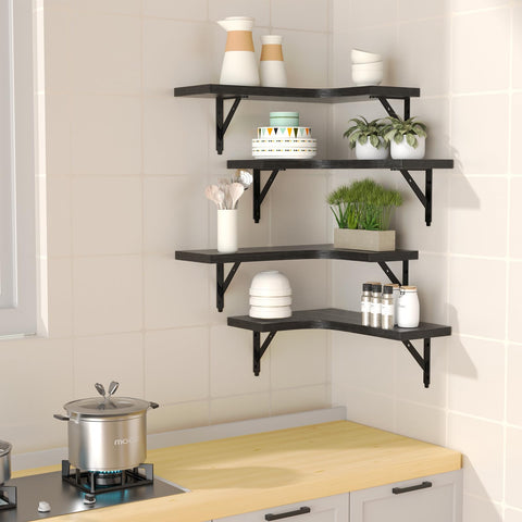 ROMGUAR CRAFT corner shelves black in living room display and organize items.