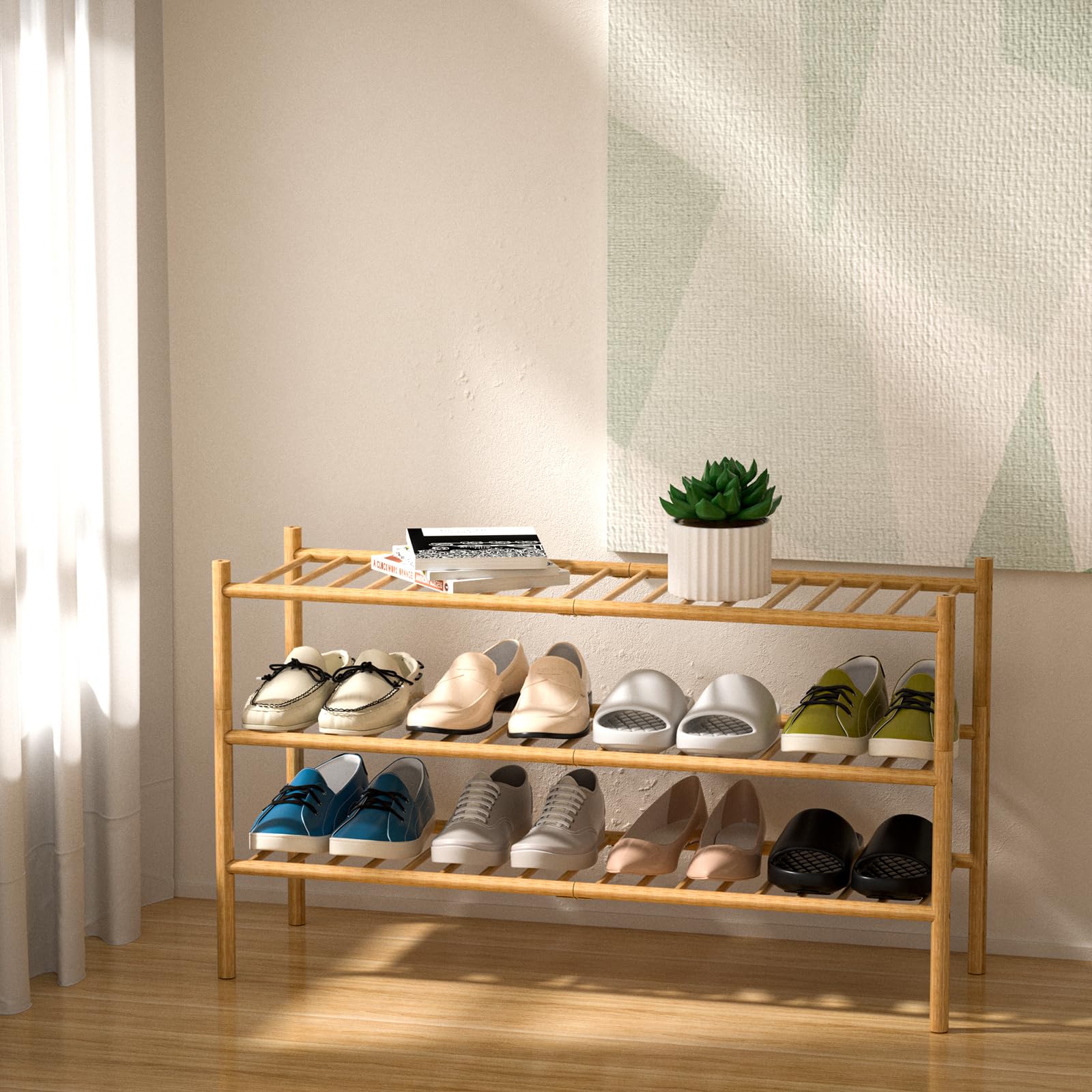 ROMGUAR CRAFT stackable-bamboo-long-shoe-rack configured in closet for flexible storage