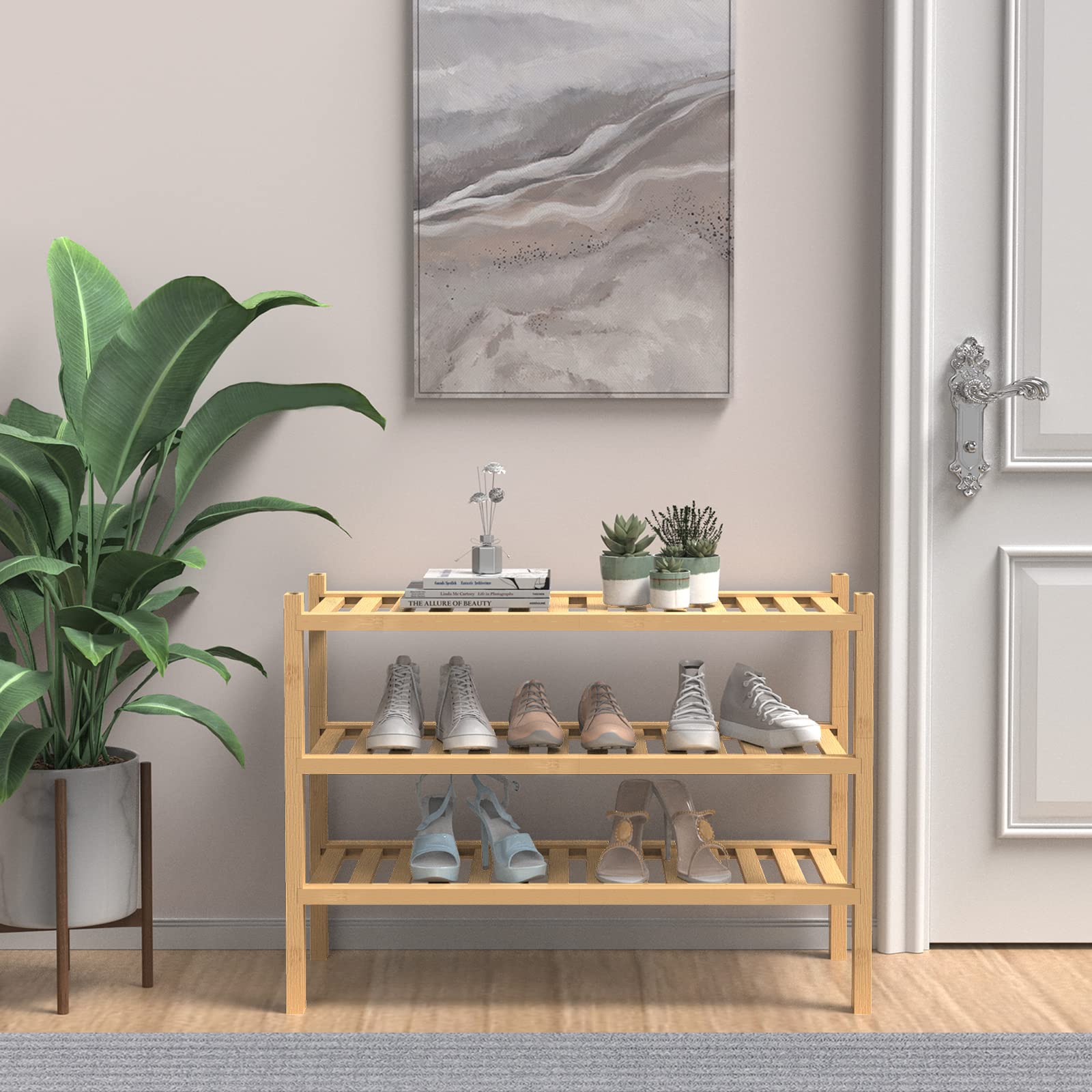 ROMGUAR CRAFT bamboo shoe rack side view highlighting stackable design